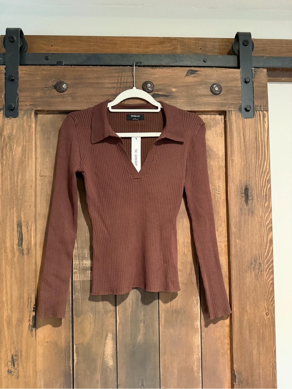 Ribbed Long-Sleeve Polo Top in Brown